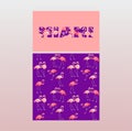 Seamless wallpaper in very peri color with pink flamingo birds and fashion shirt print with Miami lettering