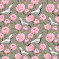 Seamless wallpaper - white crane birds dance, pink flowers. Floral watercolor Royalty Free Stock Photo