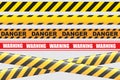 Seamless warning tape collection. Caution hazardous yellow and black diagonal stripes. Royalty Free Stock Photo