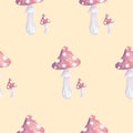 Seamless watercolor amanita mushroom pattern