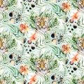 Seamless watercolor animal tiger pattern with tigers with tropical leaves, aloha jungle hawaiian. Hand painted palm leaf
