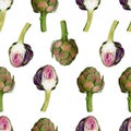 Seamless watercolor artichoke pattern on white background Royalty Free Stock Photo