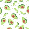 Seamless watercolor avocado pattern. Vector fruit background.