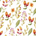 Seamless watercolor background consisting of flowers, plants, berries and leaves