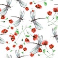 Seamless watercolor background with, flowers, paint splash. Watercolor card with a picture of dragonfly,flower branch, red poppy, Royalty Free Stock Photo