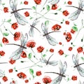 Seamless watercolor background with, flowers, paint splash. Watercolor card with a picture of dragonfly,flower branch, red poppy, Royalty Free Stock Photo