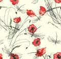 Seamless watercolor background with, flowers, paint splash. Watercolor card with a picture of dragonfly,flower branch, red poppy, Royalty Free Stock Photo