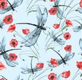 Seamless watercolor background with, flowers, paint splash. Watercolor card with a picture of dragonfly,flower branch, red poppy, Royalty Free Stock Photo