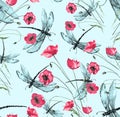 Seamless watercolor background with, flowers, paint splash. Watercolor card with a picture of dragonfly,flower branch, red poppy, Royalty Free Stock Photo