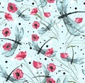 Seamless watercolor background with, flowers, paint splash. Watercolor card with a picture of dragonfly,flower branch, red poppy, Royalty Free Stock Photo