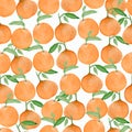 Seamless watercolor background with oranges and tangerines, hand watercolor illustration