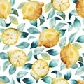 Seamless watercolor background of yellow lemon and leaves