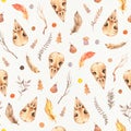 Seamless Watercolor Boho Pattern with yellow bird skulls and feathers Royalty Free Stock Photo