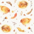 Seamless Watercolor Boho Pattern with yellow chickens for babies, newborn kids