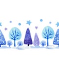 Seamless watercolor border with winter trees  fir trees  snow drifts and stars. Royalty Free Stock Photo