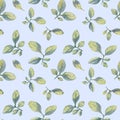 Seamless watercolor botanical pattern on a blue background. Watercolor handdrawn background with leaves and branches. Royalty Free Stock Photo
