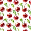 Seamless watercolor cherry pattern. Repeat pattern. Royalty Free Stock Photo