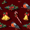 Seamless watercolor Christmas background with holly