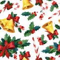 Seamless watercolor Christmas background with holly, golden bells, candy cane and red ribbon Royalty Free Stock Photo