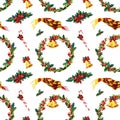 Seamless watercolor Christmas background with holly Royalty Free Stock Photo