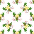 Seamless watercolor Christmas print with holly berries,leaves,golden stars. for wrapping paper, card or textile design.