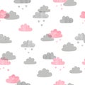 Seamless watercolor clouds pattern. Rain of hearts