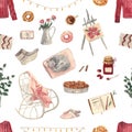 Seamless watercolor cozy pattern. Sweater, rocking chair, cake