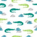 Seamless watercolor crocodile pattern. Vector background.