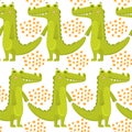 Seamless pattern with a crocodile on a light background.Cute green aligator with white teeth.Hand drawn illustration in flat style