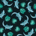 Seamless watercolor crocodile pattern. Vector background with alligators