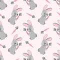 Seamless watercolor cute bunny with carrot pattern.