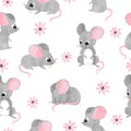 Seamless watercolor cute mice pattern. Vector mouse background