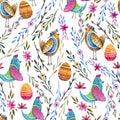 Seamless watercolor easter background made up of birds, eggs and flowers Royalty Free Stock Photo