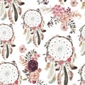 Seamless watercolor ethnic boho floral pattern - dreamcatchers and flowers on white background Royalty Free Stock Photo