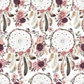 Seamless watercolor ethnic boho floral pattern - dreamcatchers and flowers on white background Royalty Free Stock Photo