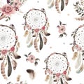 Seamless watercolor ethnic boho floral pattern - dreamcatchers and flowers on white background Royalty Free Stock Photo