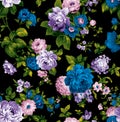 Seamless Watercolor Floral Design on Black Ready for Textile Prints.