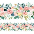 Seamless watercolor floral pattern with flower border composition on white background Royalty Free Stock Photo