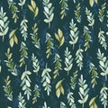 Seamless watercolor floral pattern with green leaves and branches composition on black background Royalty Free Stock Photo