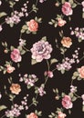 Seamless watercolor floral pattern - pink blush flowers elements, green leaves branches on dark black