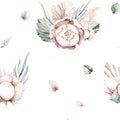 Seamless watercolor floral pattern pink blush flowers elements, green leaves branches on white backgroundfor wrappers, wallpapers