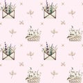 Seamless watercolor floral pattern with pink dried flowers, herbs, basket, envelope and cotton on light pink background
