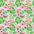 Seamless watercolor floral pattern, pink flamingo bird, summer background tropical hibiscus flowers, palm leaf Hawaiian Royalty Free Stock Photo