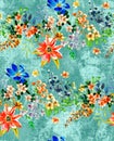 Seamless Watercolor Floral Pattern. Repeated Design of Small Flowers and Leaves.