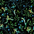 Seamless watercolor forest pattern with blueberries on black background