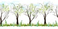 Seamless watercolor hand drawn horizontal border with spring forest. Green summer trees, grass, flowers, first leaves in Royalty Free Stock Photo