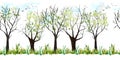 Seamless watercolor hand drawn horizontal border with spring forest. Green summer trees, grass, flowers, first leaves in Royalty Free Stock Photo