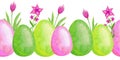 Seamless watercolor hand drawn horizontal borders with Easter eggs green pink tulip daisy flowers cartoon design. April