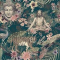 Seamless watercolor hand drawn pattern with buddha head, yogi, peacock, feathers, flowers, leaves. Royalty Free Stock Photo
