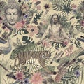 Seamless watercolor hand drawn pattern with buddha head, yogi, peacock, feathers, flowers, leaves. Royalty Free Stock Photo